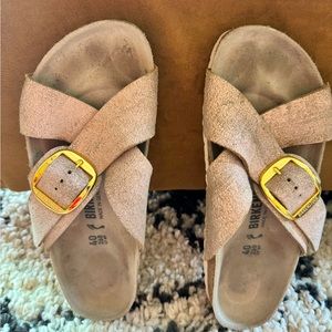Birkenstock Metallic Rose Gold Siena Big Buckle Cross Strap Sandals